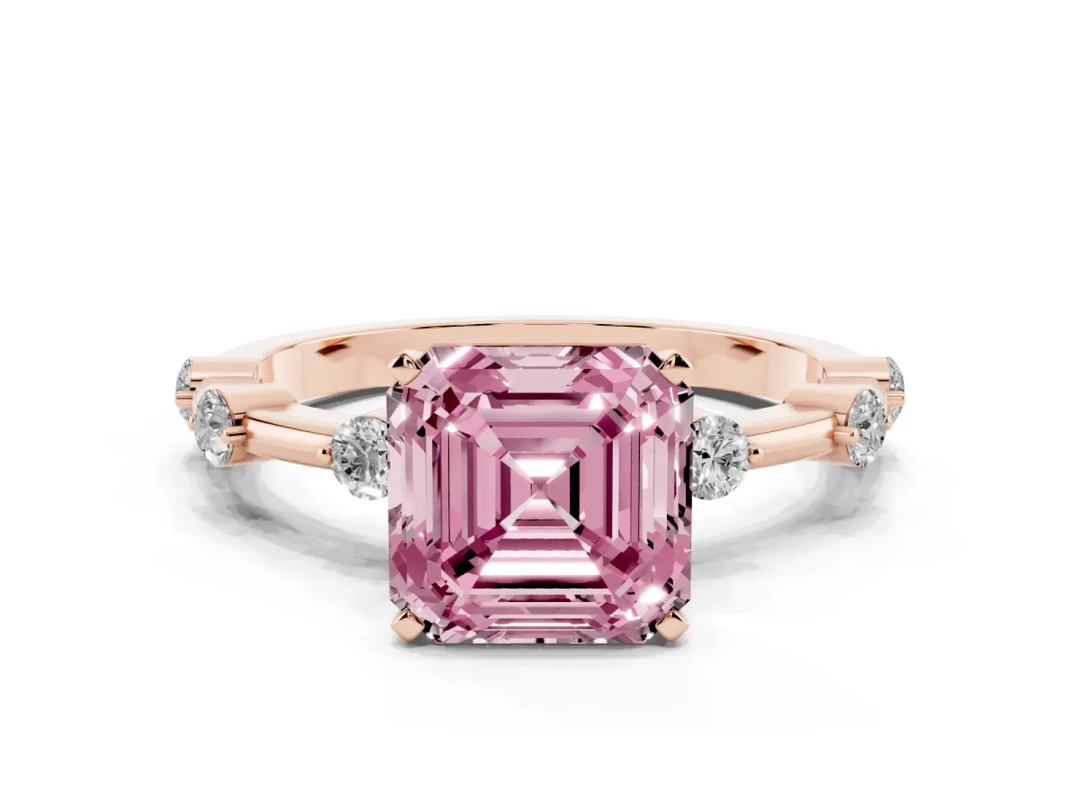 Fancy Pink Asscher Cut Solitaire Diamond Ring with Bezel Set Side Stones and Prong Setting Rose gold
