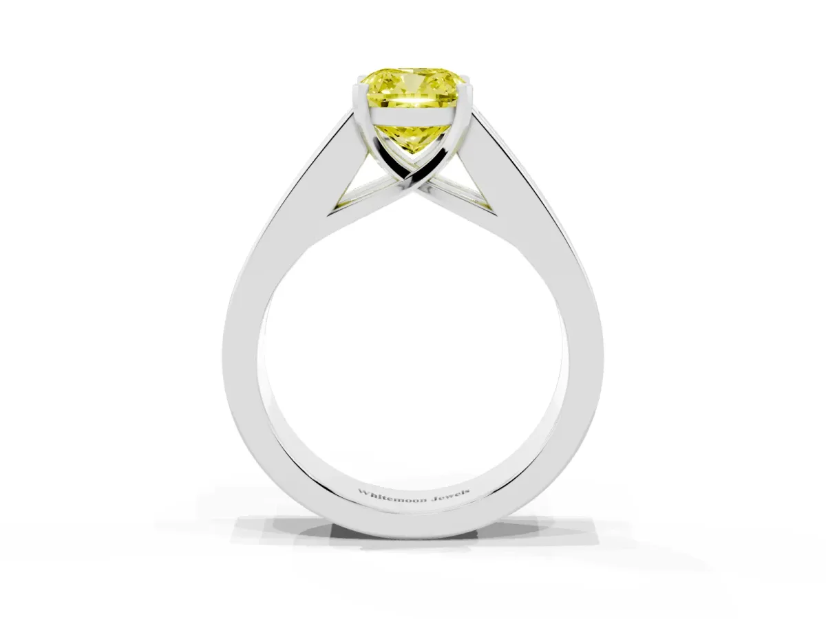 Fancy Yellow Cushion Cut Cut Channel Set Solitaire Ring with Four-Prong Setting Platinum