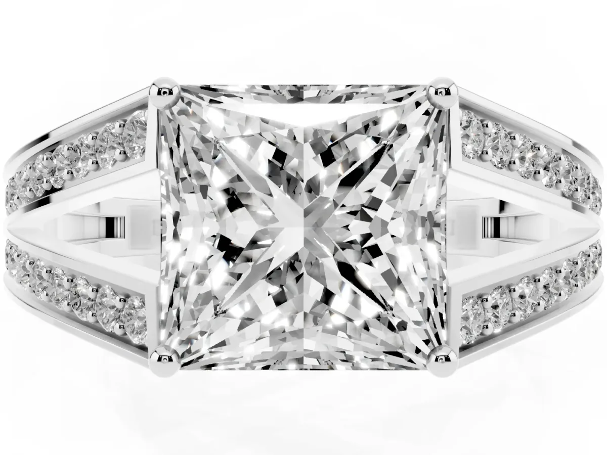 Princess Cut Diamond Split Shank Ring with Pavé Band and Four-Prong Setting White gold