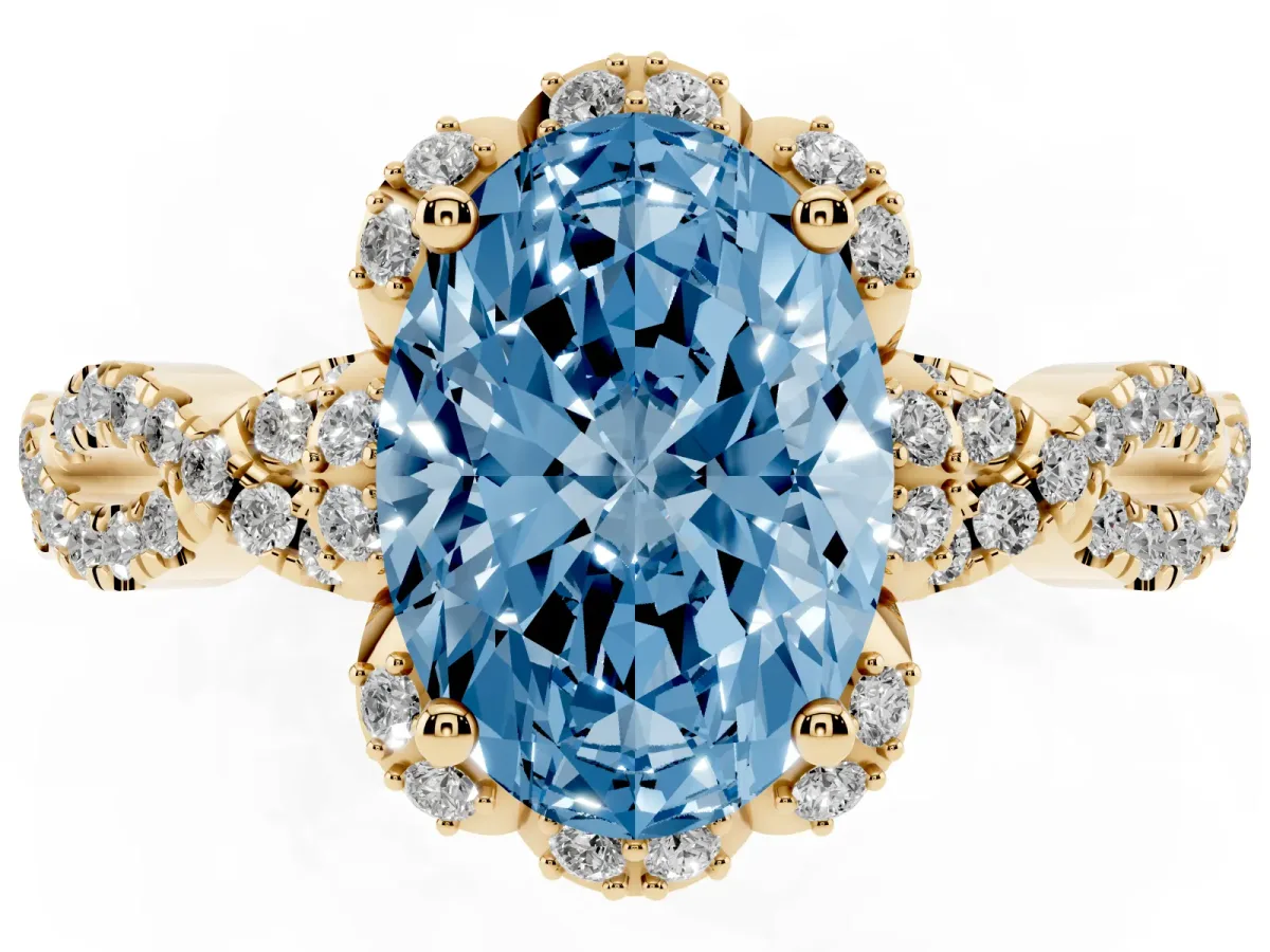 Fancy Blue Oval Cut Halo Twist Band Solitaire Ring with Six-Prong Setting Yellow gold