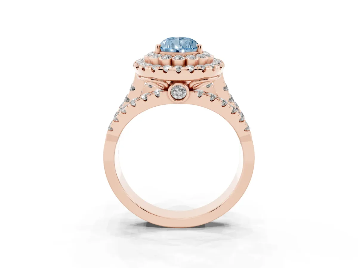 Fancy Blue Pear Cut Diamond Double Halo Ring with Round Pavé Split Shank and Prong Setting Rose gold