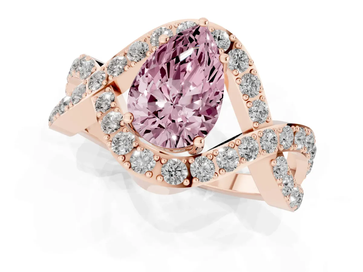 Fancy Pink Pear Cut Solitaire Twist Band Pavé Diamond Engagement Ring Rose gold
