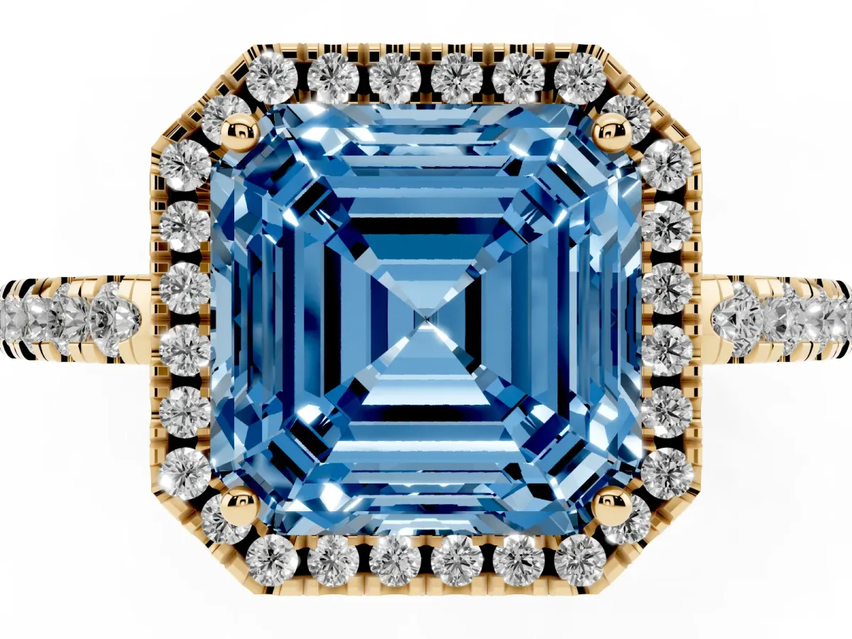 Fancy Blue Asscher Cut Halo Diamond Engagement Ring with Pavé Band and Four-Prong Setting Yellow gold