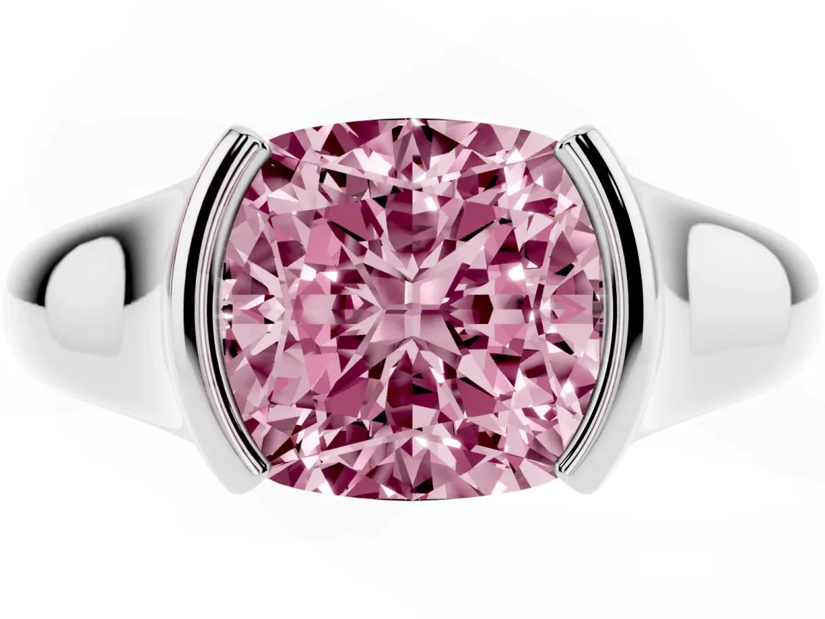 Fancy Pink Cushion Cut Solitaire Tension Set Diamond Ring with Split Shank Band Platinum