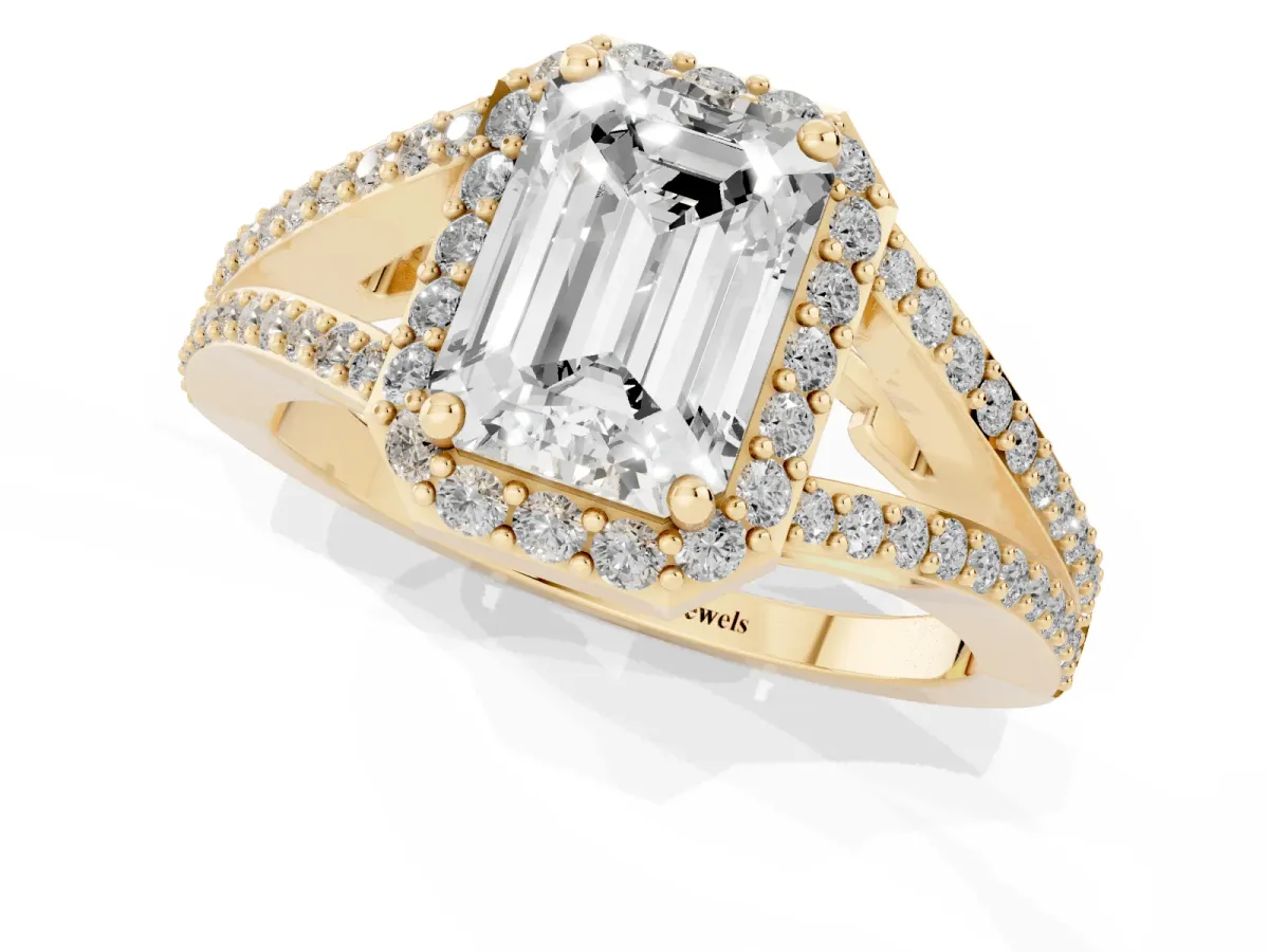 Emerald Cut Halo Split Shank Diamond Ring with Prong Setting Yellow gold