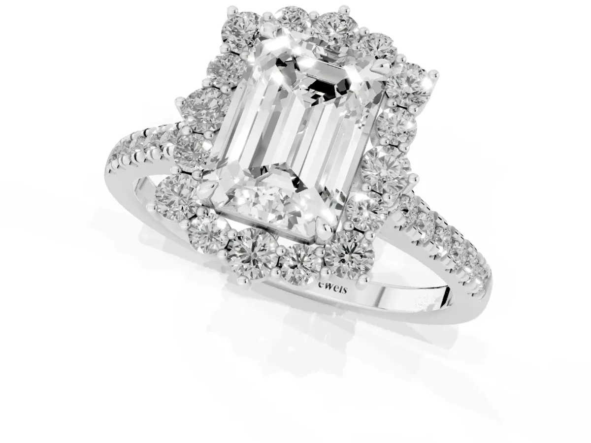 Emerald Cut Halo Diamond Ring with Pavé Band and Prong Setting Silver
