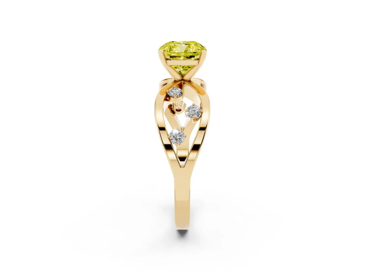 Fancy Yellow Cushion Cut Cut Solitaire Diamond with Side Stones on Criss-Cross Band and Four-Prong Setting Yellow gold