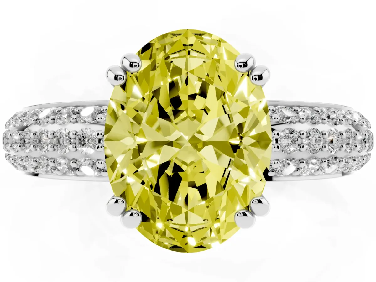 Fancy Yellow Oval Cut Diamond Solitaire Ring with Multi-Row Round Pavé Band and Prong Setting Silver