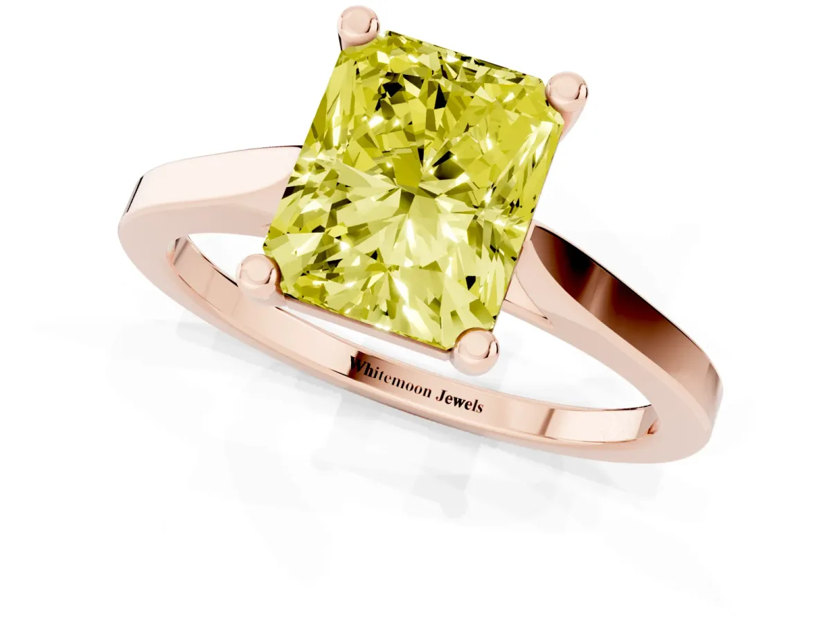 Fancy Yellow Radiant Cut Solitaire Diamond Ring with Four-Prong Setting and Tapered Band Rose gold