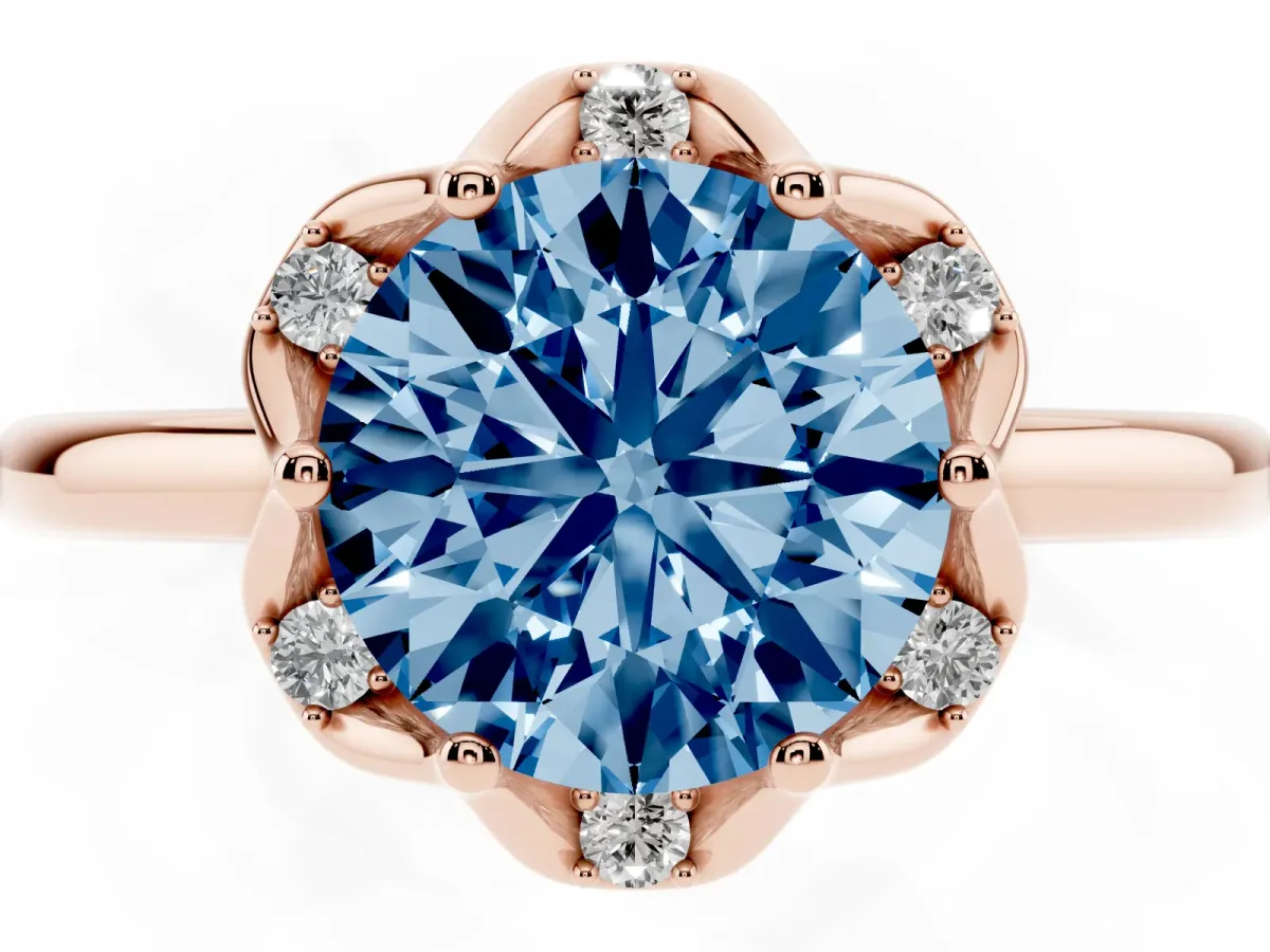 Fancy Blue Round Cut Halo Diamond Ring with Round Cluster Setting, Solitaire Band, and Four-Prong Setting Rose gold