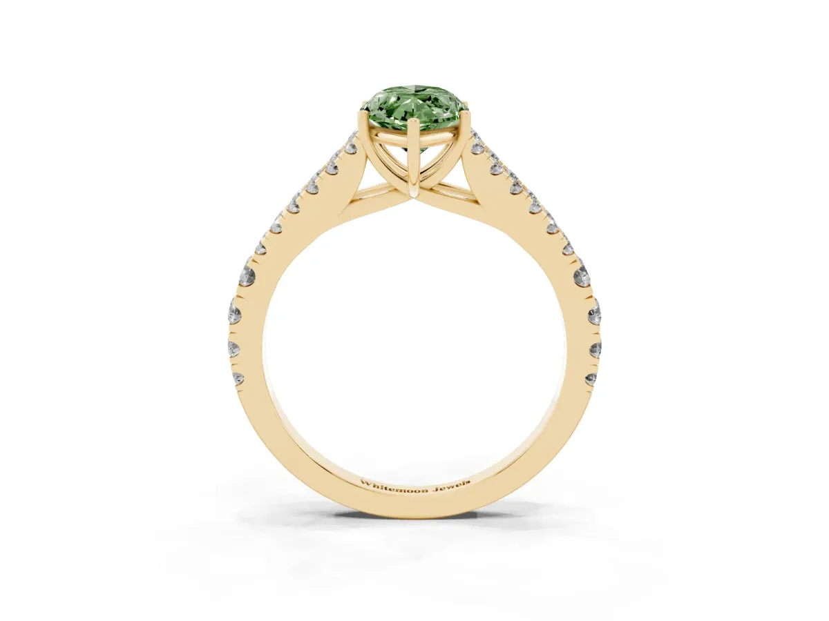 Fancy Green Marquise Cut Diamond Split Shank Engagement Ring with Round Pavé and Prong Setting Yellow gold