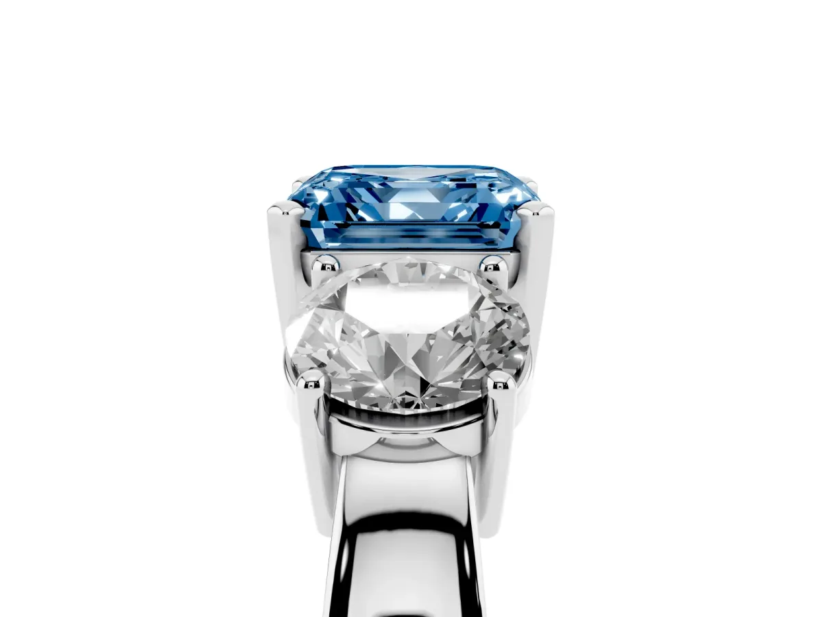 Fancy Blue Three-Stone Asscher Cut Diamond Ring with Round Side Stones, Classic Band, and Four-Prong Setting White gold