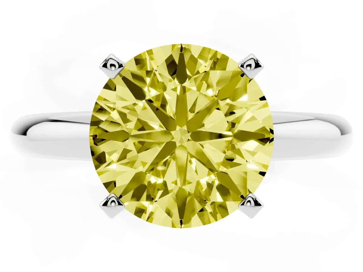 Fancy Yellow Round Cut Diamond Solitaire Engagement Ring with Round Band and Four-Prong Setting Platinum