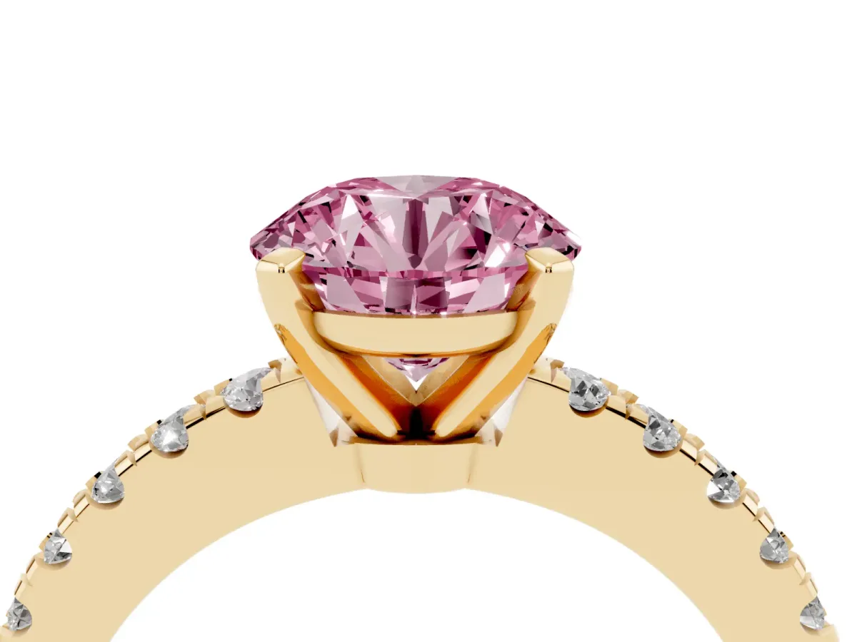 Fancy Pink Round Cut Solitaire Diamond with Pavé Band and Four-Prong Setting Yellow gold