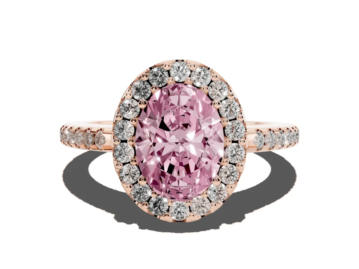 Fancy Pink Oval Cut Diamond Pavé Halo Ring with Four-Prong Setting Rose gold