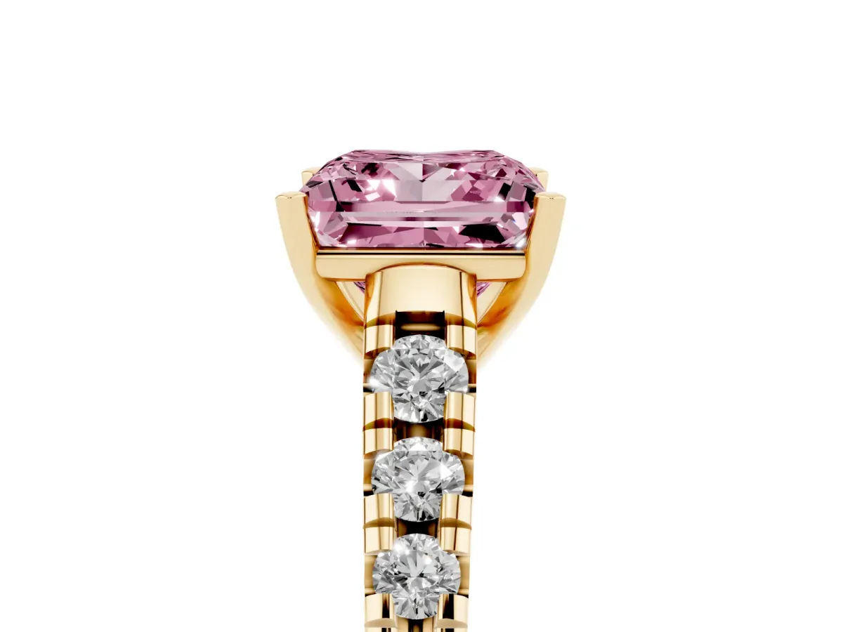 Fancy Pink Princess Cut Diamond Cathedral Solitaire Ring with Round Pavé Band Yellow gold