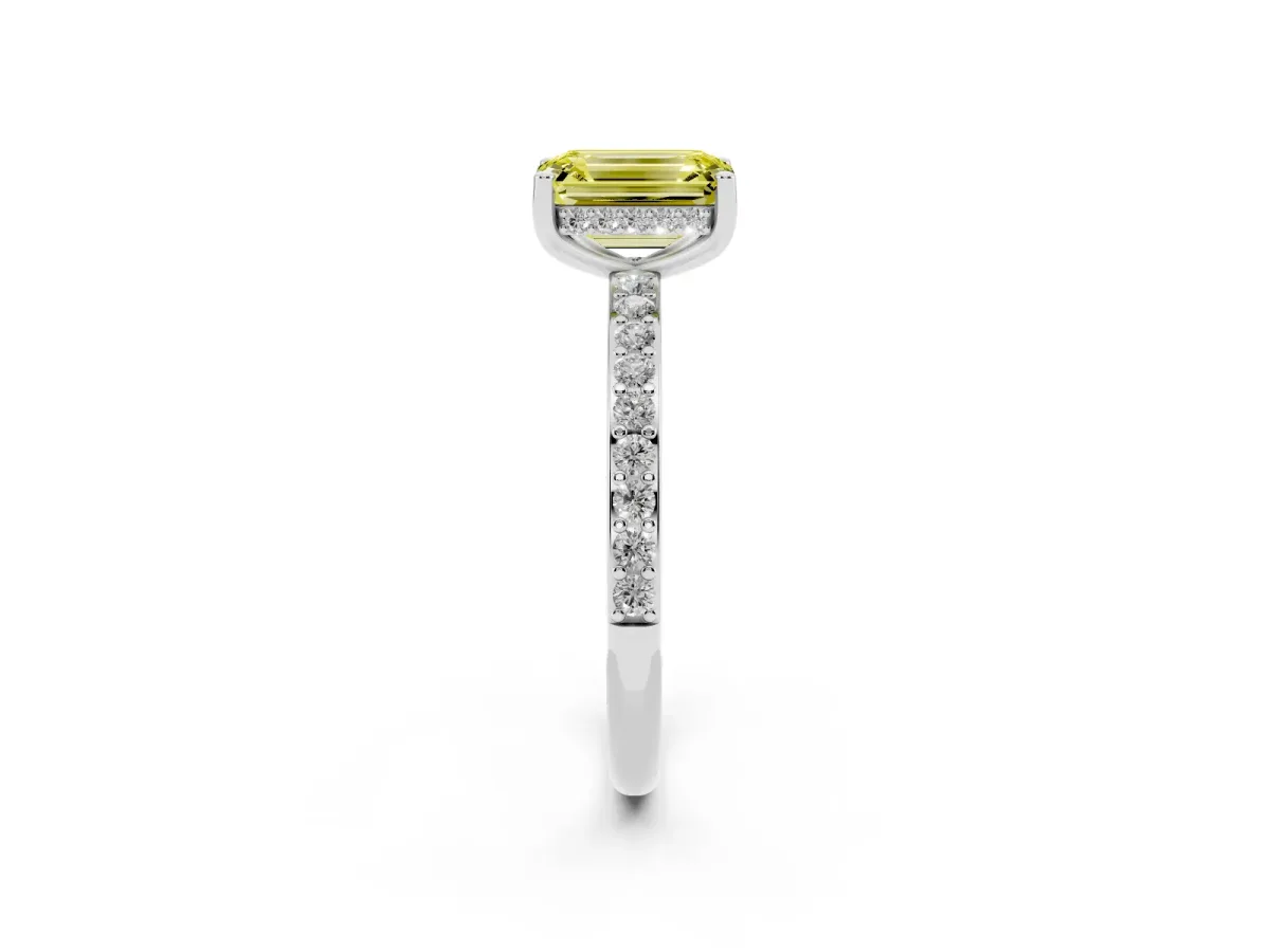 Fancy Yellow Emerald Cut Cut Diamond Pavé Band Ring with Four-Prong Setting Silver