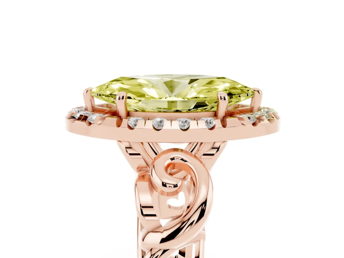 Fancy Yellow Marquise Cut Cut Halo Diamond Ring with Scrollwork Band and Four-Prong Setting Rose gold
