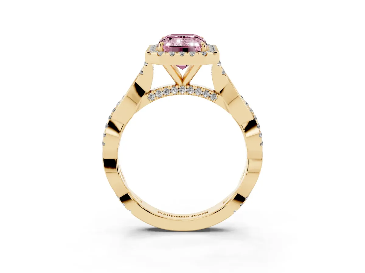 Fancy Pink Emerald Cut Halo Twist Band Solitaire Ring Yellow gold