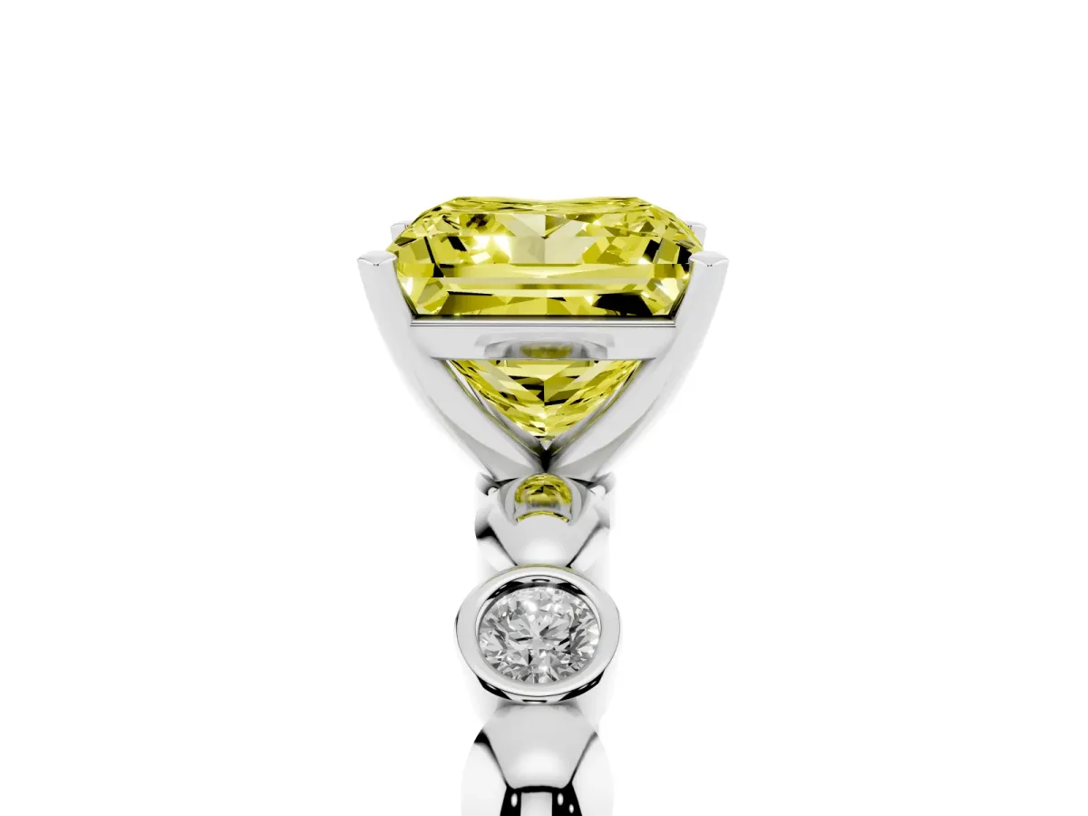 Fancy Yellow Princess Cut Solitaire Bezel-Set Diamond Ring with Beaded Band and Four-Prong Setting Silver