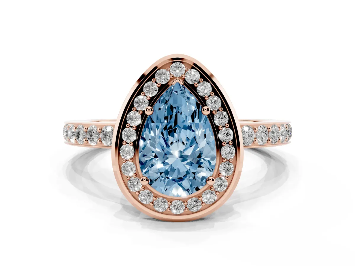 Fancy Blue Pear Cut Diamond Halo Ring with Bezel Frame and Pavé Band Rose gold