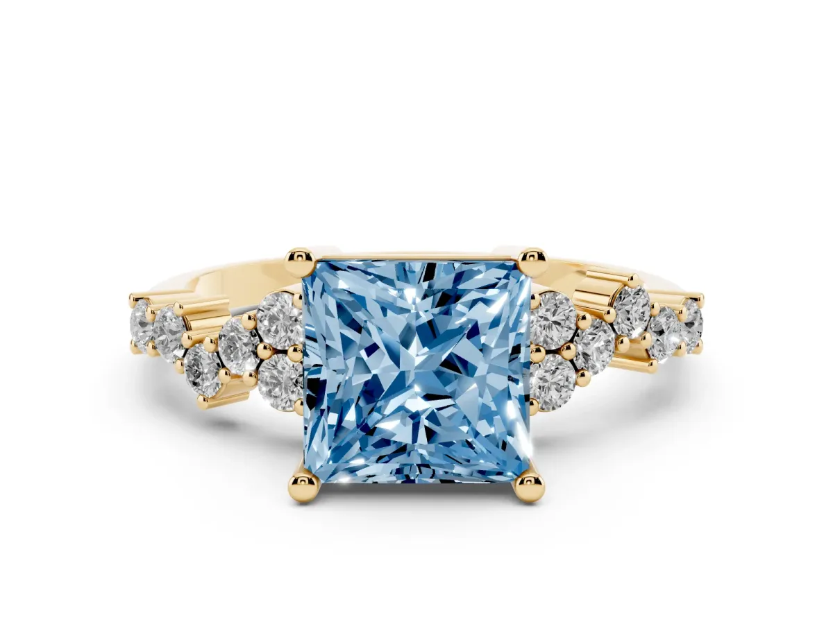 Fancy Blue Princess Cut Diamond Scattered Round Accent Ring with Prong Setting Yellow gold
