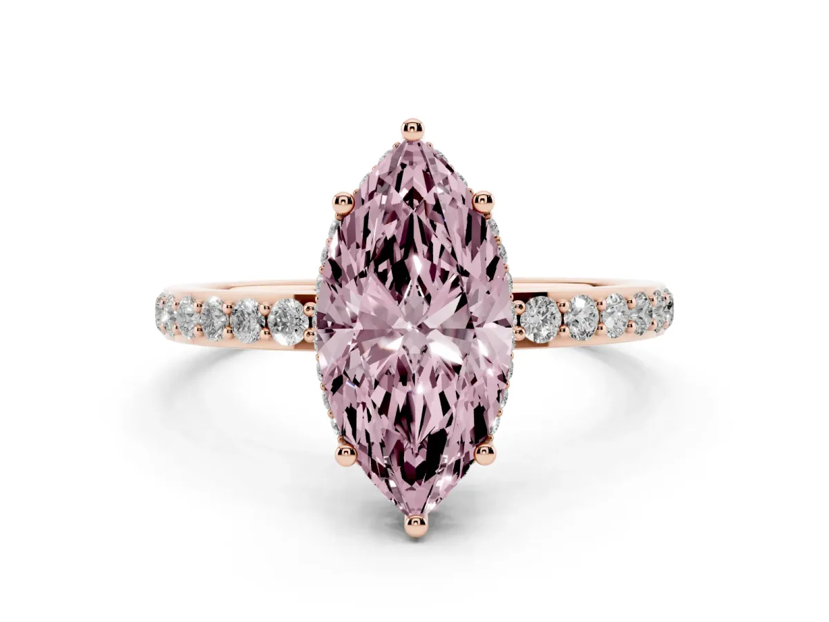 Fancy Pink Marquise Cut Diamond Solitaire Ring with Pavé Band and Hidden Halo Rose gold