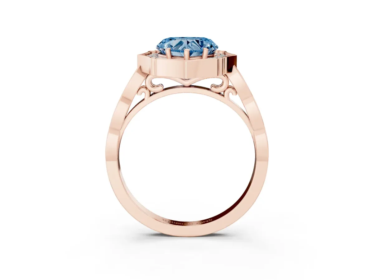 Fancy Blue Heart Cut Halo Diamond Engagement Ring with Milgrain Band and Four-Prong Setting Rose gold