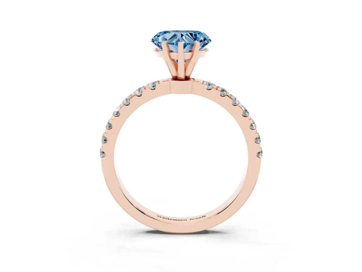 Fancy Blue Heart Cut Diamond Solitaire Ring with Pavé Accents and Four-Prong Setting Rose gold