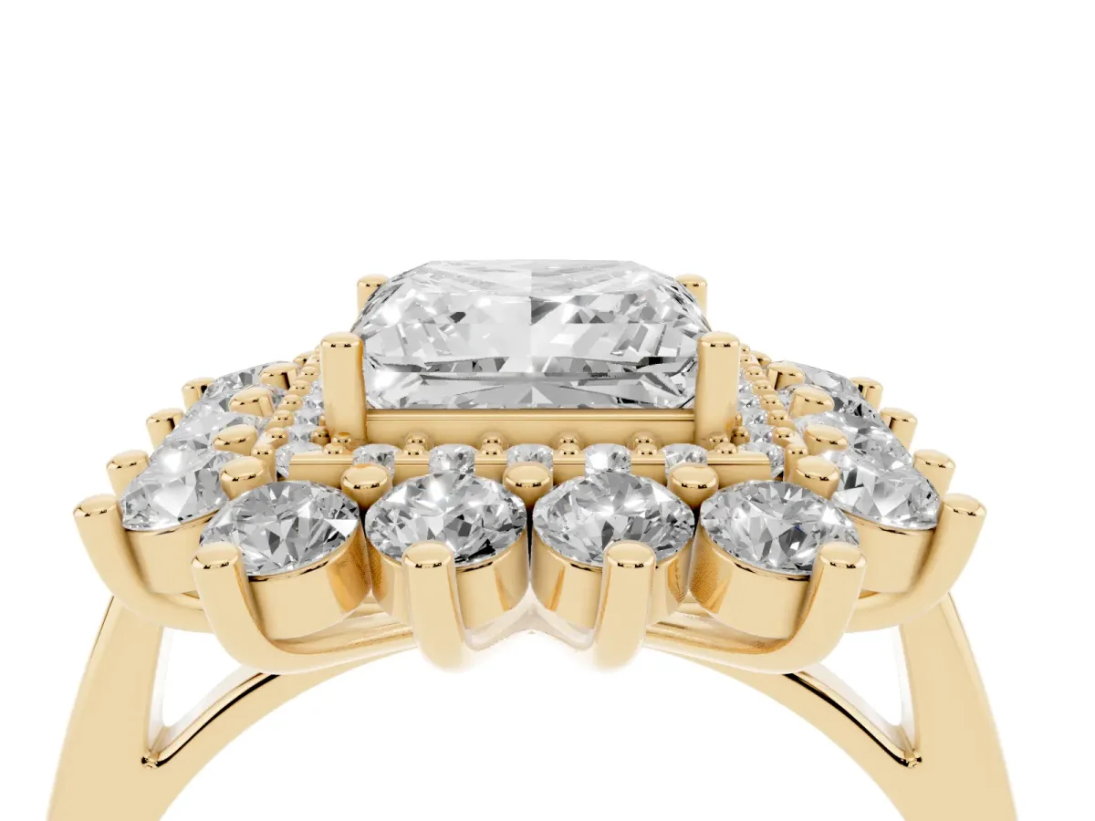 Princess Cut Diamond Floral Double Halo Engagement Ring with Prong Setting Yellow gold