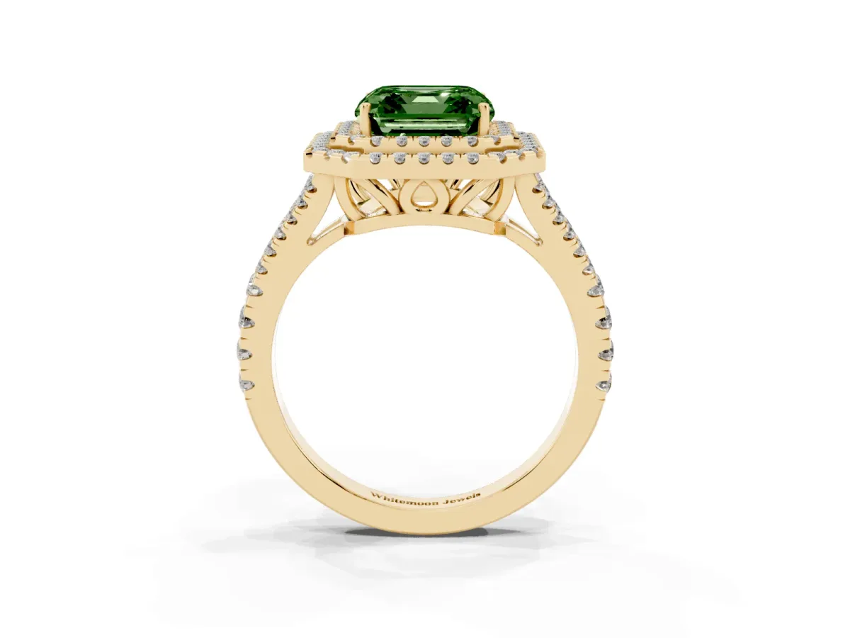 Fancy Green Asscher Cut Diamond Double Halo Ring with Pavé Band and Prong Setting Yellow gold