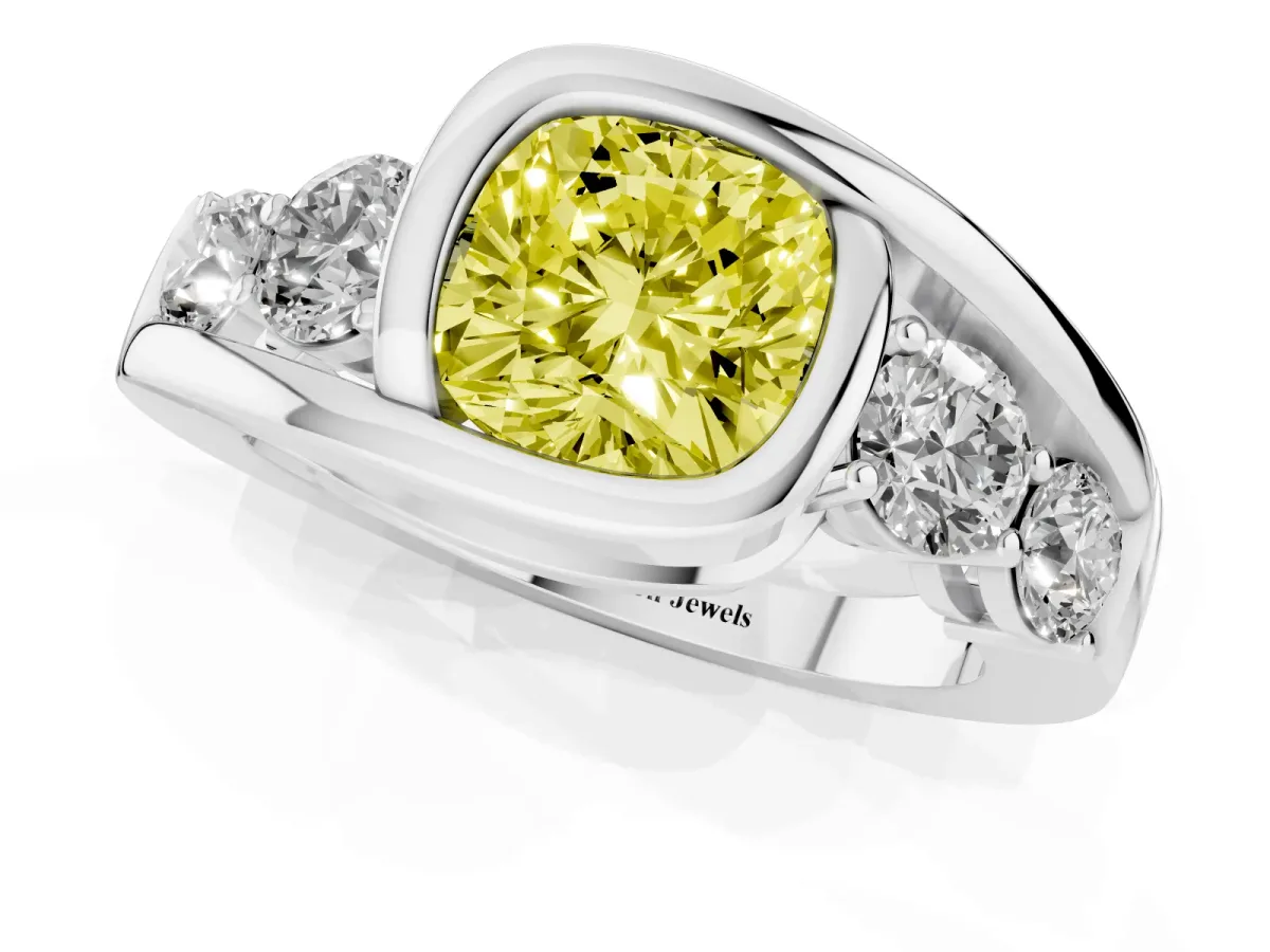 Fancy Yellow Bezel Set Cushion Cut Diamond Bypass Ring with Round Accents Silver