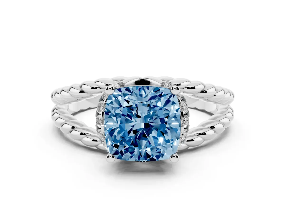 Fancy Blue Cushion Cut Halo Twisted Band Four-Prong Ring Silver