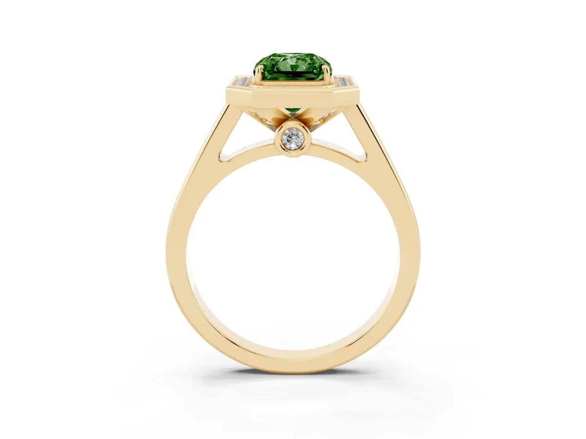 Fancy Green Radiant Cut Halo Solitaire Diamond Ring with Pave Band and Bezel Setting Yellow gold