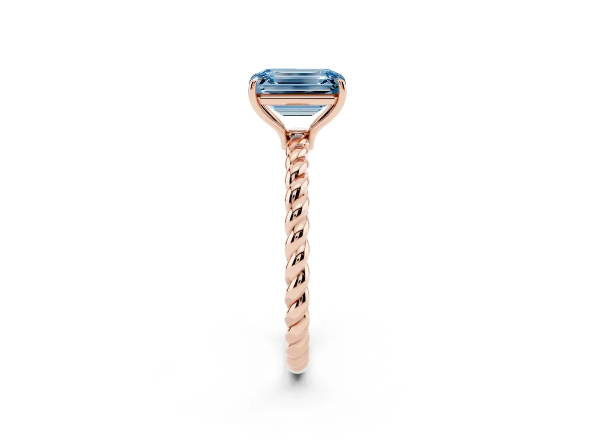 Fancy Blue Emerald Cut Solitaire Twist Band Ring with Four-Prong Setting Rose gold