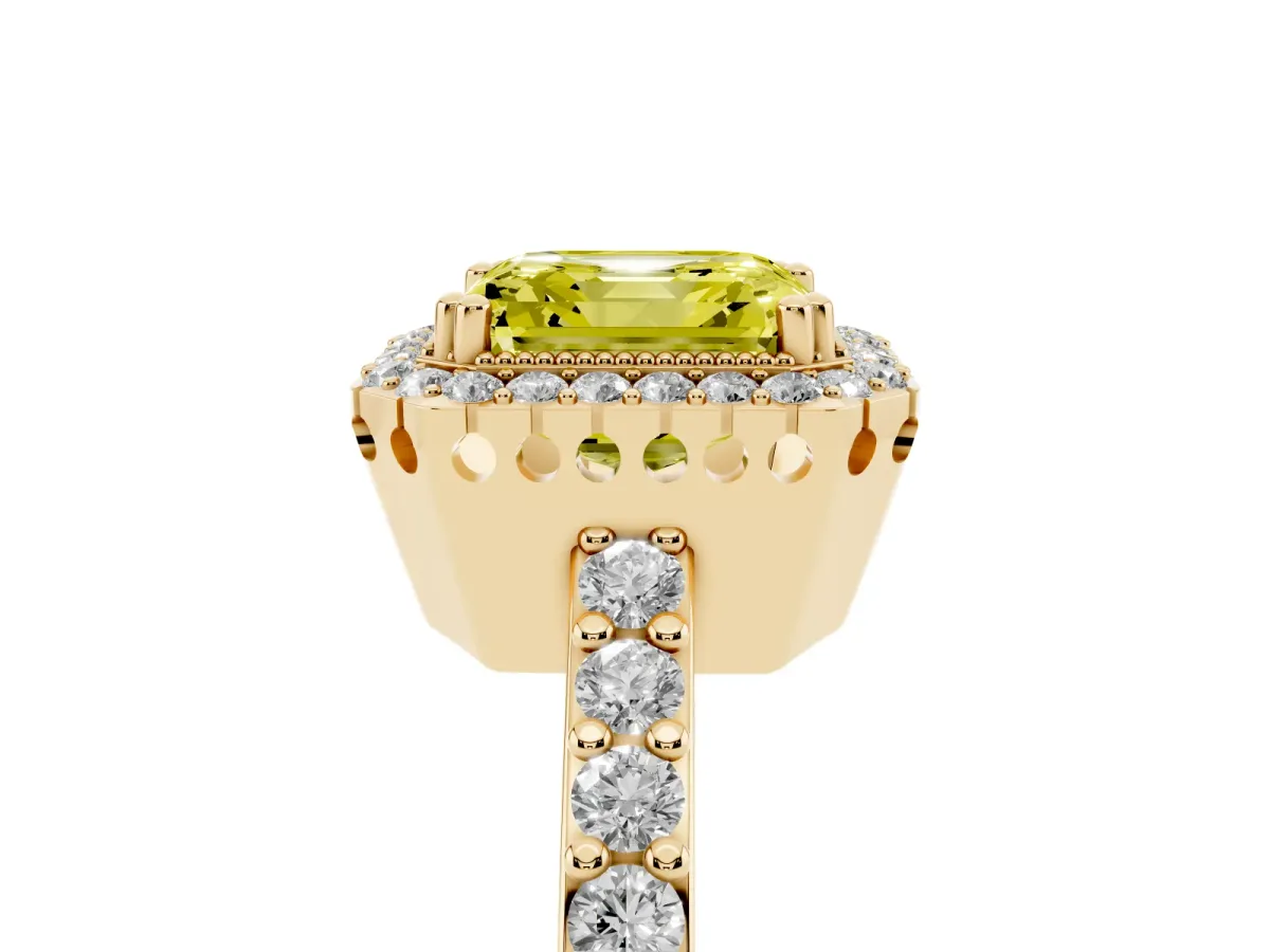 Fancy Yellow Asscher Cut Cut Diamond Halo Engagement Ring with Milgrain Detail and Pavé Band Yellow gold