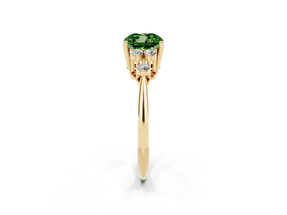 Fancy Green Cushion Cut Cut Diamond Cluster Ring with Solitaire Band and Four-Prong Setting Yellow gold
