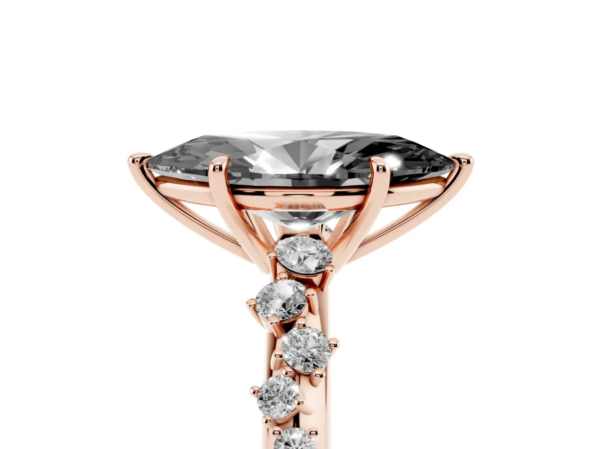 Fancy Black Marquise Cut Diamond Cluster Side Stone Solitaire Ring with Prong Setting Rose gold