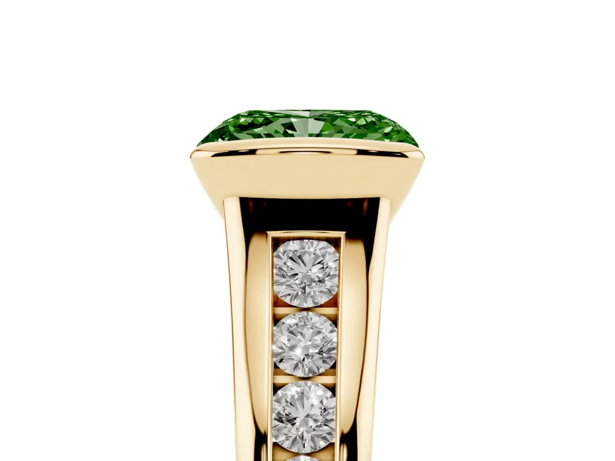 Fancy Green Radiant Cut Solitaire Bezel-Set Diamond Ring with Channel-Set Band Yellow gold