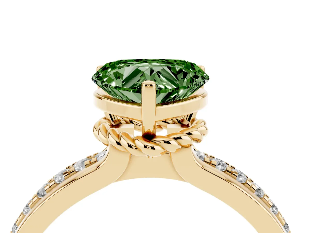 Fancy Green Heart Cut Solitaire Diamond Ring with Channel Set Band and Six-Prong Setting Yellow gold