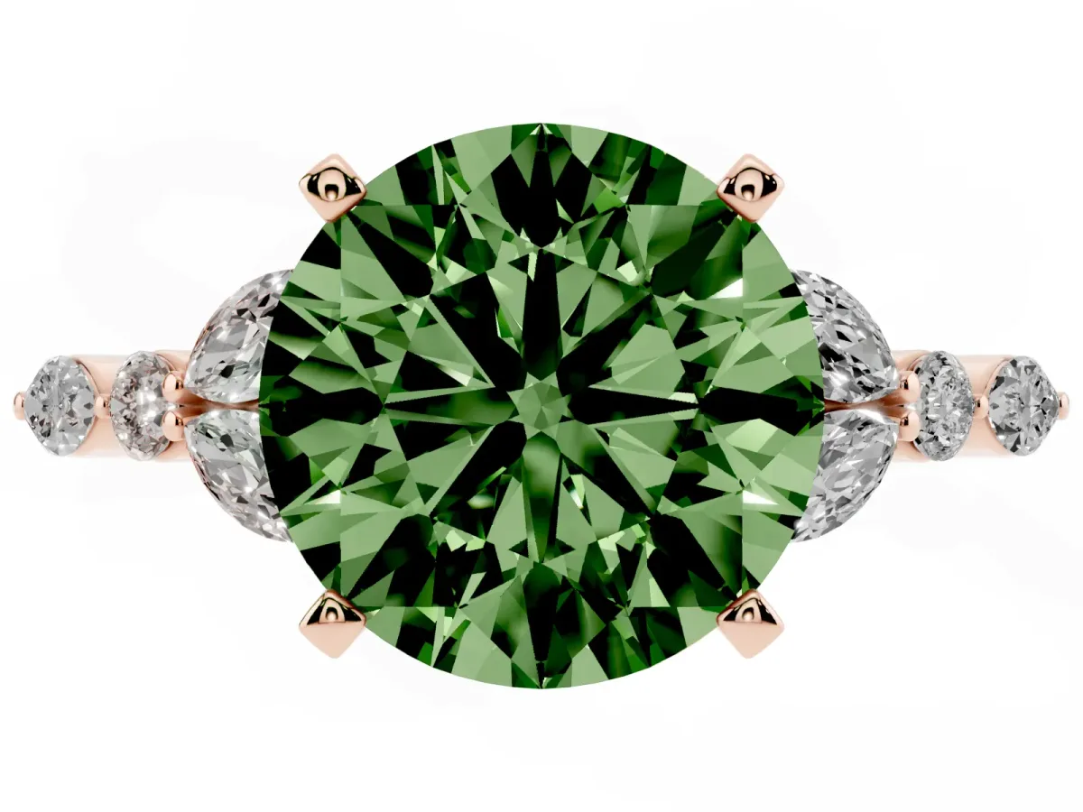 Fancy Green Round Cut Diamond Solitaire Ring with Side Stones and Four-Prong Setting Rose gold