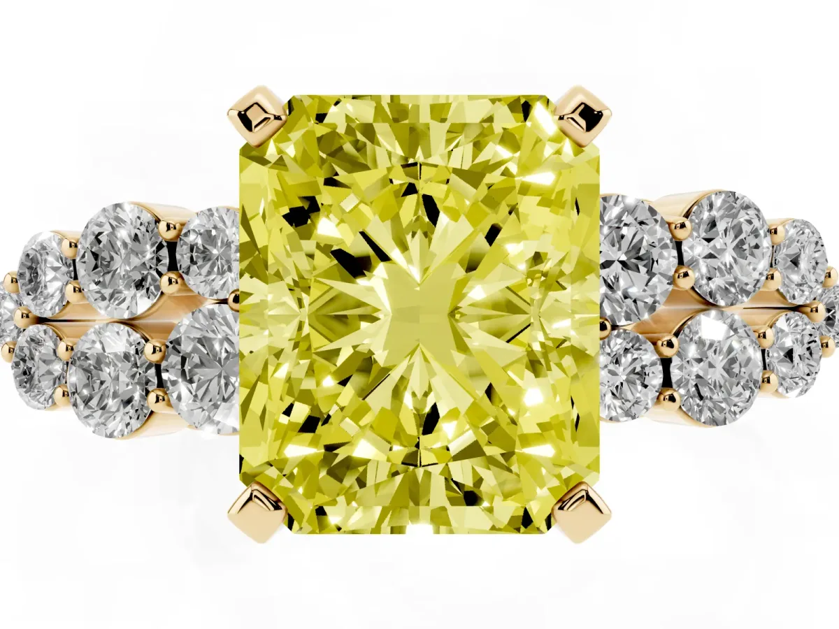 Fancy Yellow Radiant Cut Cluster Diamond Engagement Ring with Pavé Band and Four-Prong Setting Yellow gold