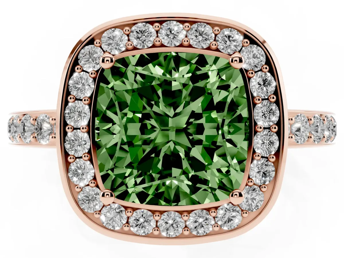 Fancy Green Cushion Cut Diamond Halo Ring with Bezel Frame and Pavé Band Rose gold