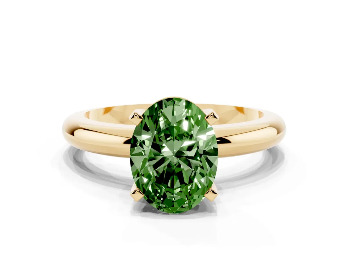 Fancy Green Oval Cut Diamond Solitaire Engagement Ring with Round Band and Four-Prong Setting Yellow gold