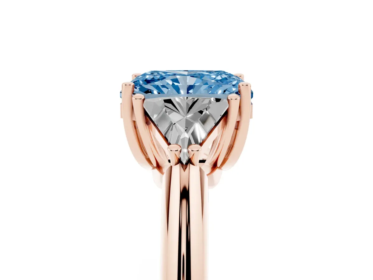 Fancy Blue Three-Stone Radiant Cut Diamond Engagement Ring with Trillion Side Stones and Prong Setting Rose gold