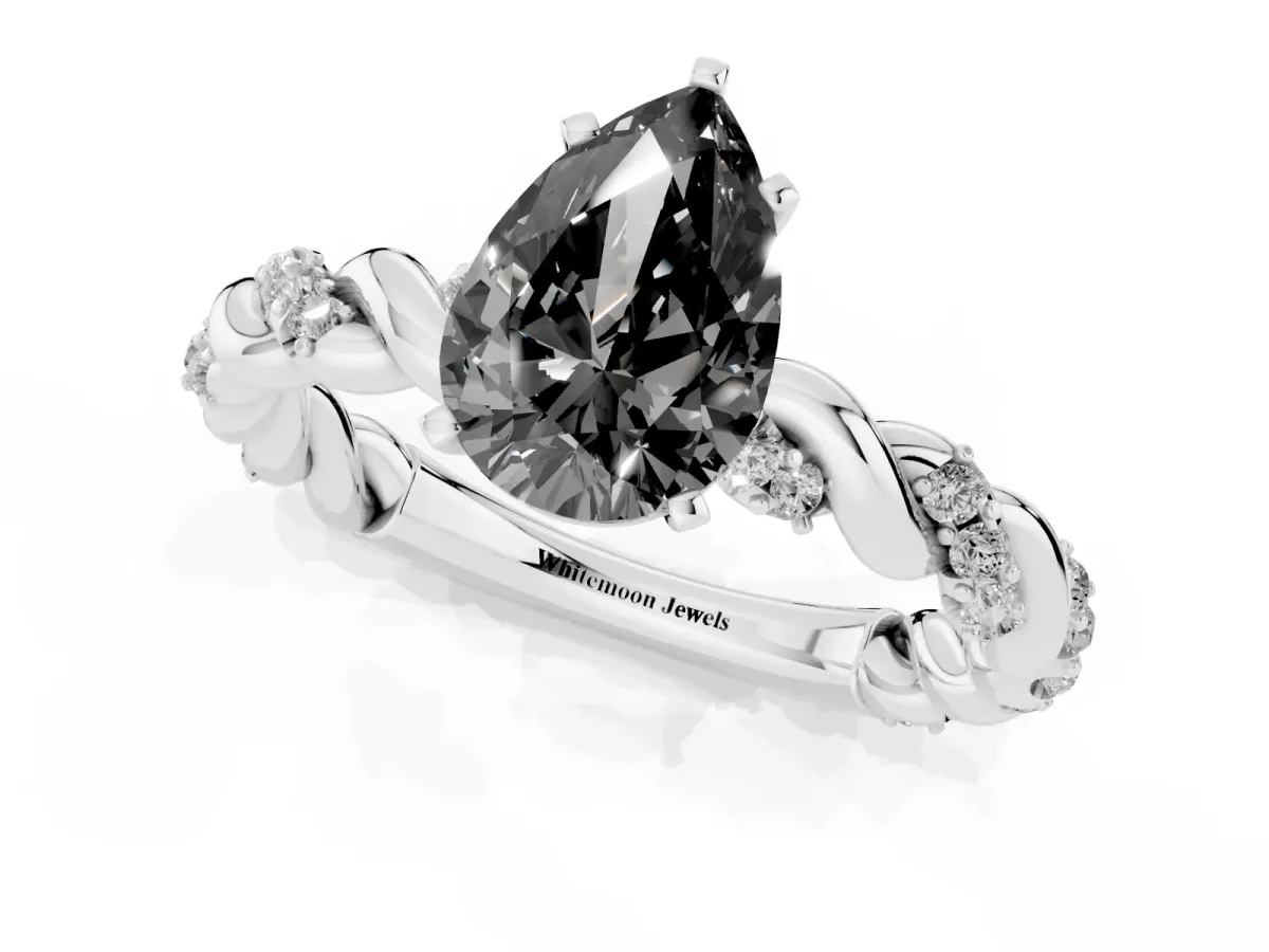Fancy Black Pear Cut Diamond Solitaire Ring with Twisted Band and Pavé Accents Silver