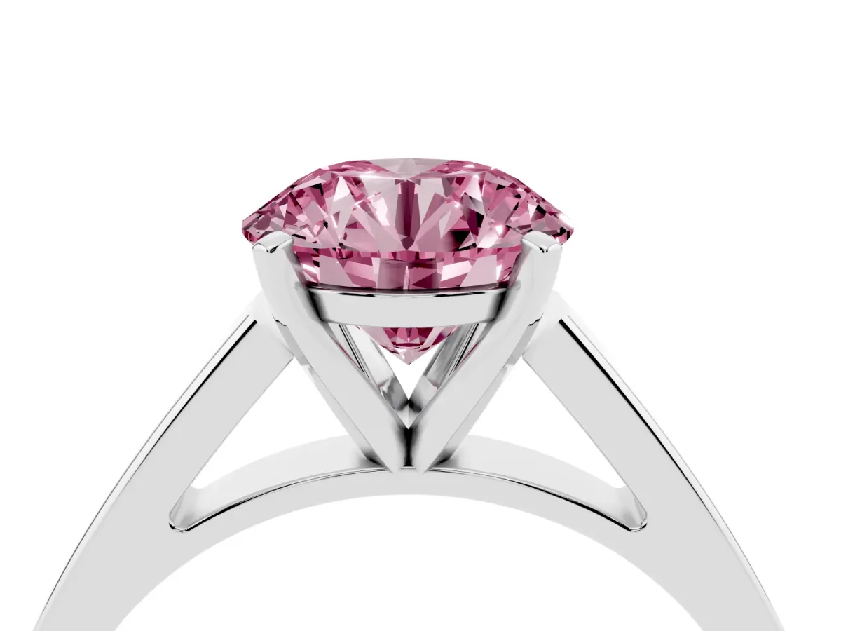 Fancy Pink Round Cut Solitaire Engagement Ring with Four-Prong Setting and Tapered Band Silver