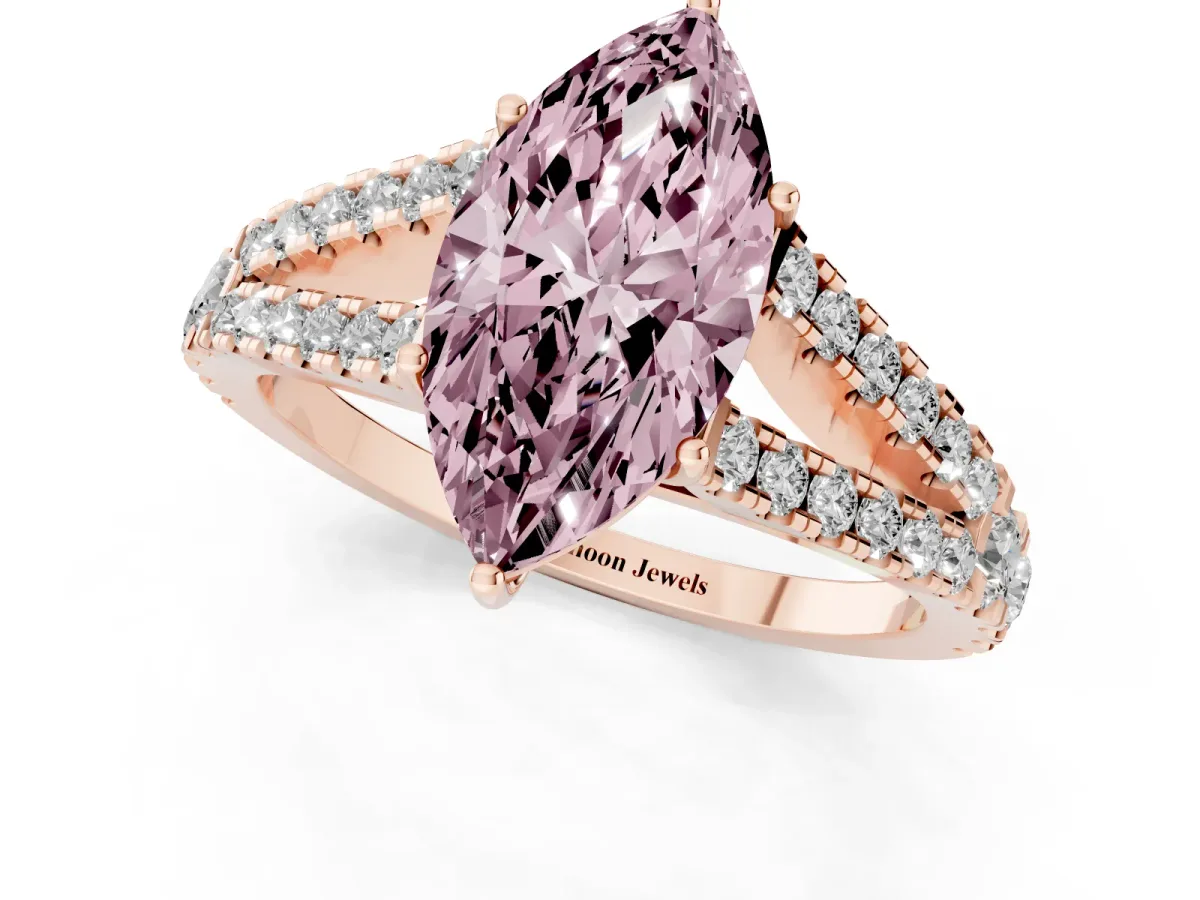 Fancy Pink Marquise Cut Diamond Split Shank Engagement Ring with Round Pavé and Prong Setting Rose gold