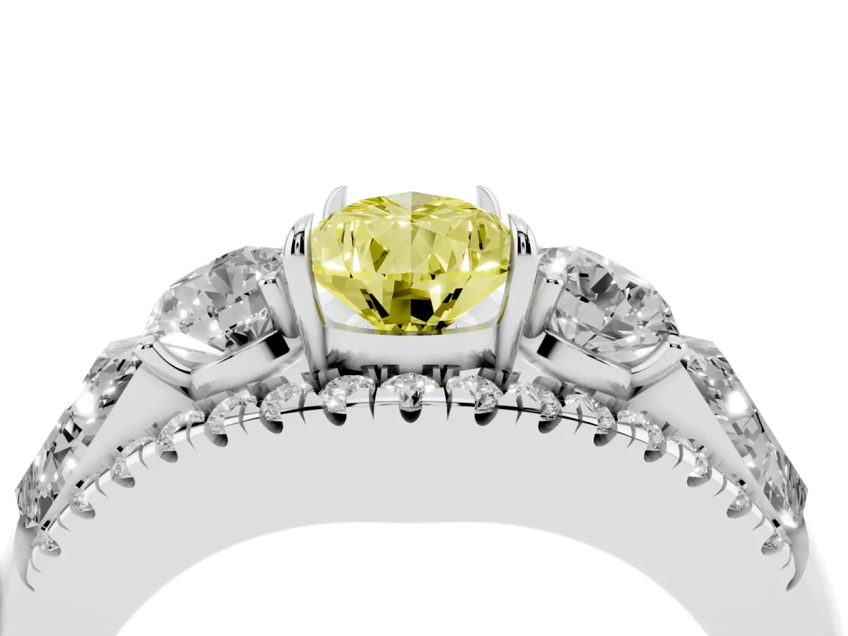 Fancy Yellow Three-Stone Pear Cut Diamond Engagement Ring with Pave Band and Prong Setting Silver