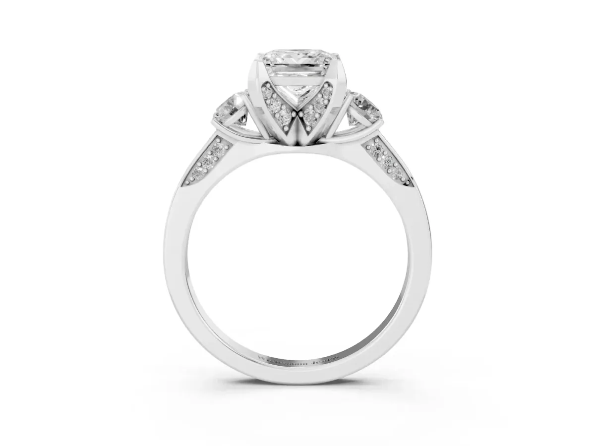 Princess Cut Brilliant Three-Stone Diamond Ring with Pavé Band and Four-Prong Setting White gold